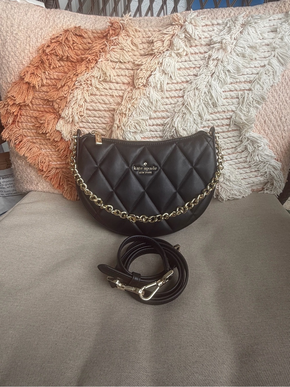 kate spade Black Quilted Crescent Crossbody with Gold Chain Accent